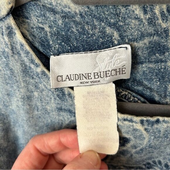 Vintage 1980s Claudine Bueche Acid Wash Denim Midi 3/4 Sleeve Dress Size Medium - Picture 5 of 7